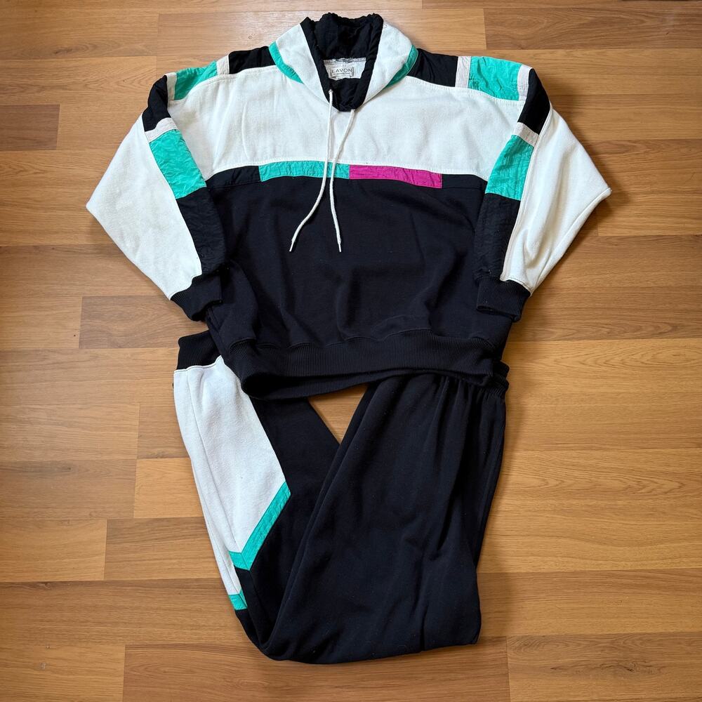 Vintage 90's Lavon White Black Teal Full Sweatsuit Set Sweatshirt Joggers Sz XL